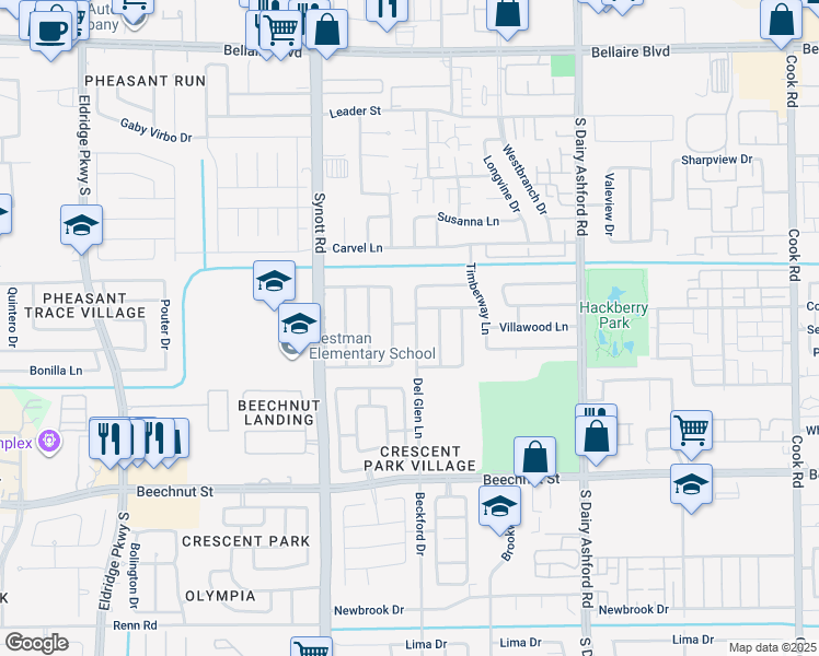 map of restaurants, bars, coffee shops, grocery stores, and more near 7615 Harpers Glen Lane in Houston