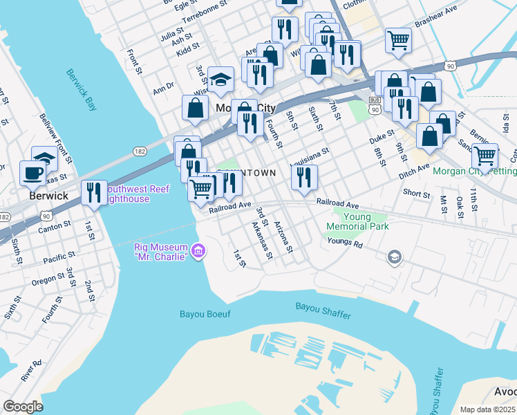 map of restaurants, bars, coffee shops, grocery stores, and more near 398 S Railroad Ave in Morgan City