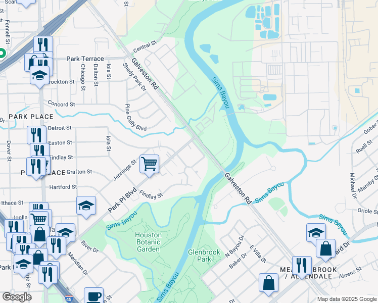 map of restaurants, bars, coffee shops, grocery stores, and more near 8432 Park Place Boulevard in Houston