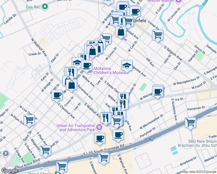map of restaurants, bars, coffee shops, grocery stores, and more near 410 South Santa Clara Avenue in New Braunfels