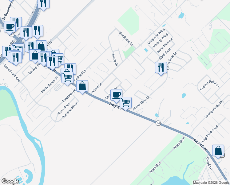 map of restaurants, bars, coffee shops, grocery stores, and more near 230 Oelkers Drive in New Braunfels