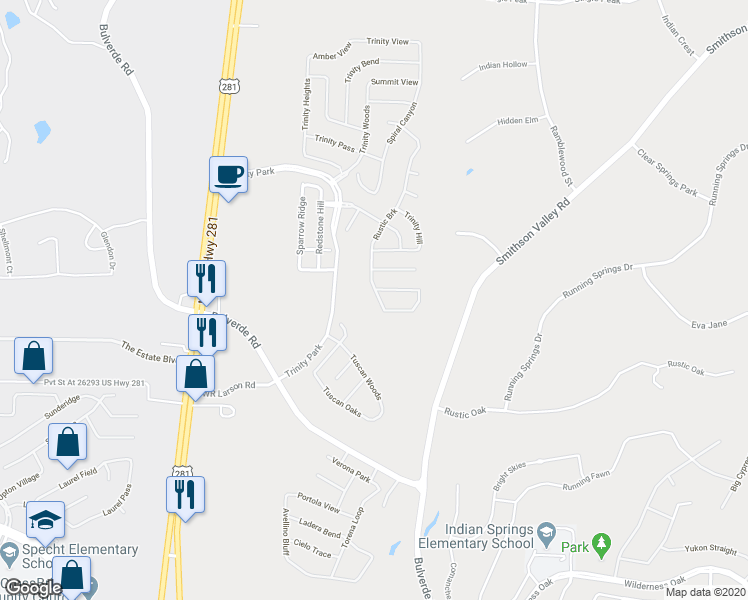 map of restaurants, bars, coffee shops, grocery stores, and more near 26515 Rustic Brook in San Antonio