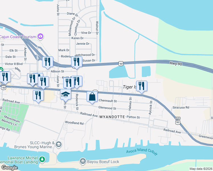 map of restaurants, bars, coffee shops, grocery stores, and more near Scott in Morgan City