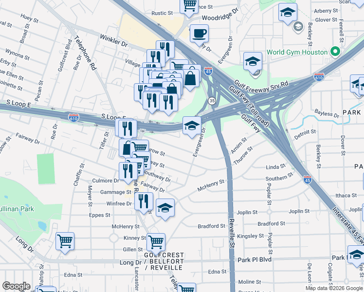 map of restaurants, bars, coffee shops, grocery stores, and more near 7411 Arnim Street in Houston
