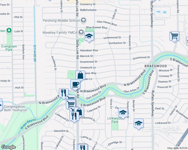 map of restaurants, bars, coffee shops, grocery stores, and more near 3807 Durness Way in Houston
