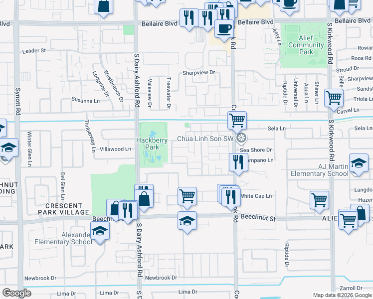 map of restaurants, bars, coffee shops, grocery stores, and more near 7714 Shadow Hill Lane in Houston