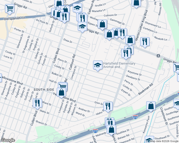 map of restaurants, bars, coffee shops, grocery stores, and more near 4906 Perry Street in Houston