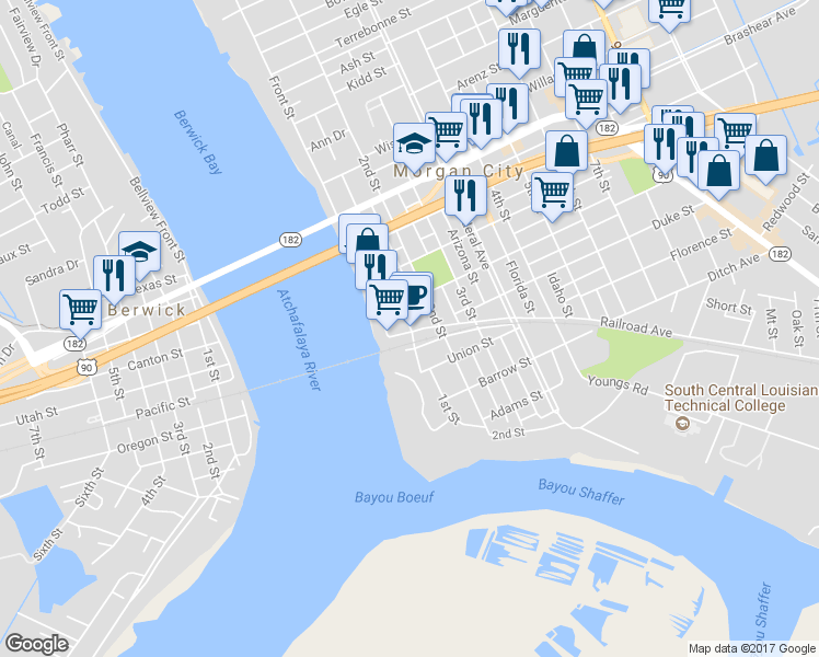 map of restaurants, bars, coffee shops, grocery stores, and more near in Morgan City