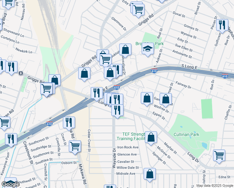 map of restaurants, bars, coffee shops, grocery stores, and more near 4764 Wayside Drive in Houston