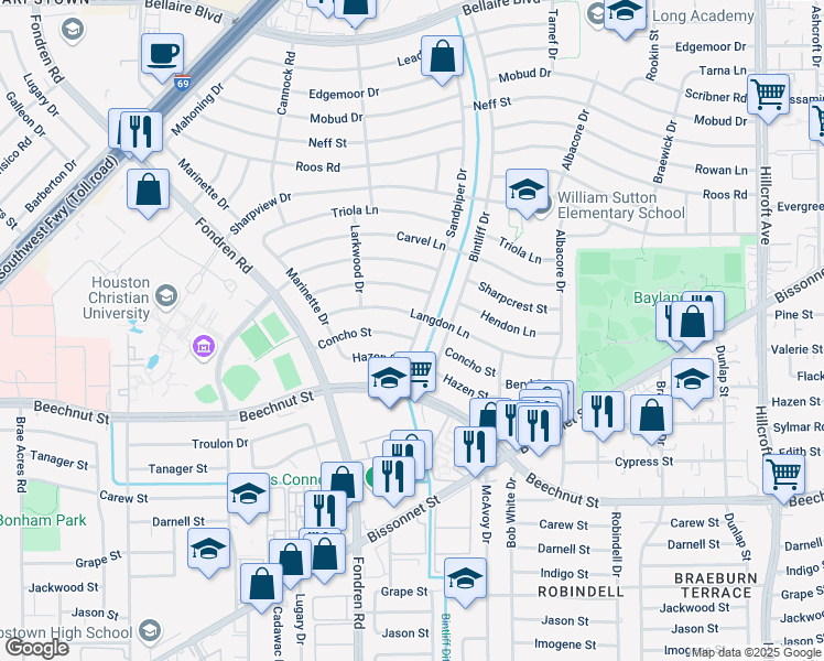map of restaurants, bars, coffee shops, grocery stores, and more near 7002 Concho Street in Houston