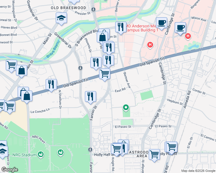 map of restaurants, bars, coffee shops, grocery stores, and more near 7500 Fannin Street in Houston