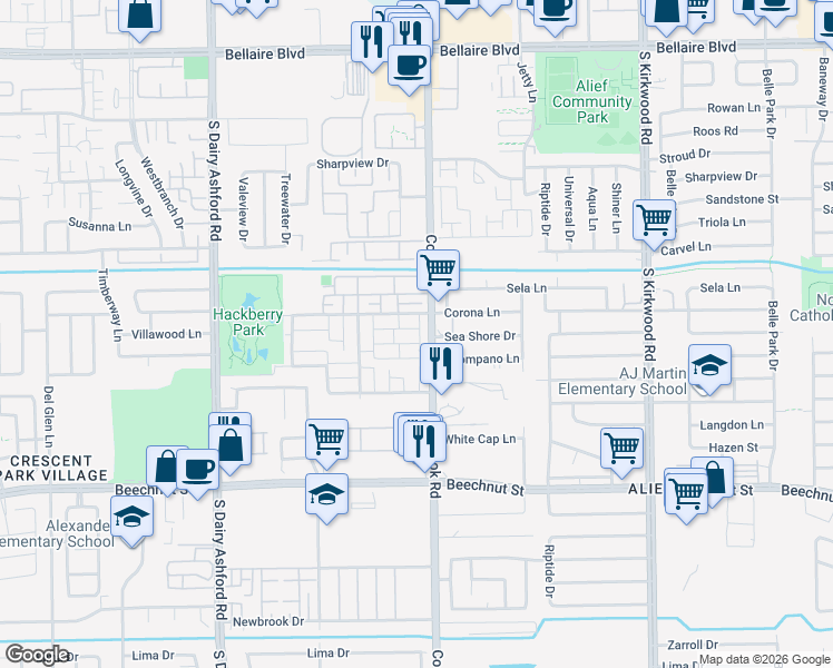 map of restaurants, bars, coffee shops, grocery stores, and more near 12311 Springcrest Drive in Houston