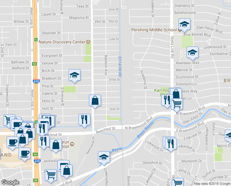 map of restaurants, bars, coffee shops, grocery stores, and more near 4311 Valerie Street in Bellaire