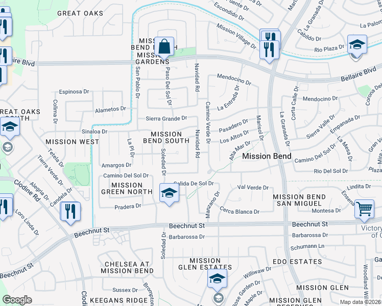 map of restaurants, bars, coffee shops, grocery stores, and more near 7523 Hablo Drive in Houston