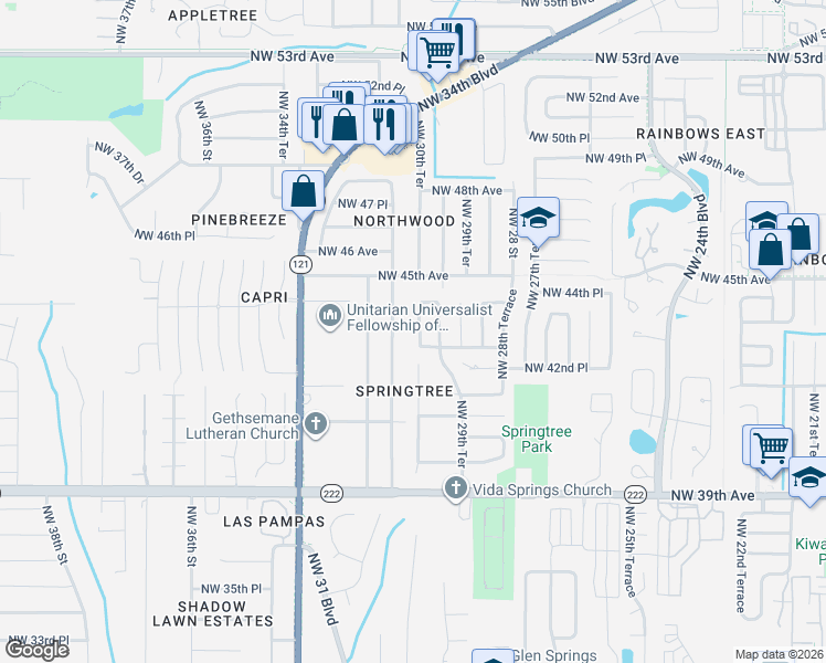 map of restaurants, bars, coffee shops, grocery stores, and more near 4324 Northwest 30th Terrace in Gainesville