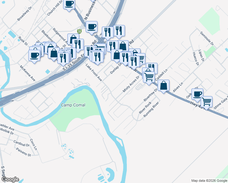 map of restaurants, bars, coffee shops, grocery stores, and more near 1014 Carolyn Cove in New Braunfels