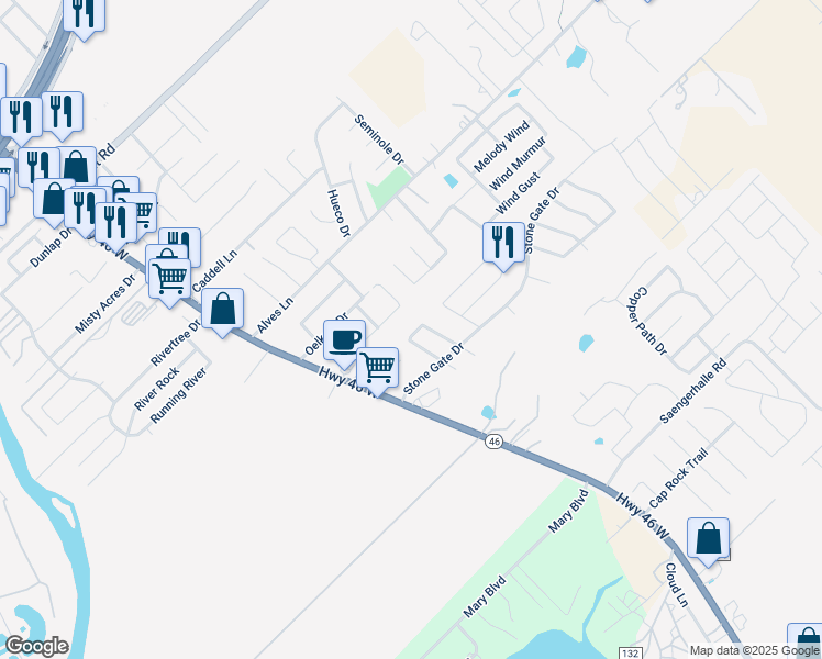 map of restaurants, bars, coffee shops, grocery stores, and more near 233 Stone Hollow in New Braunfels