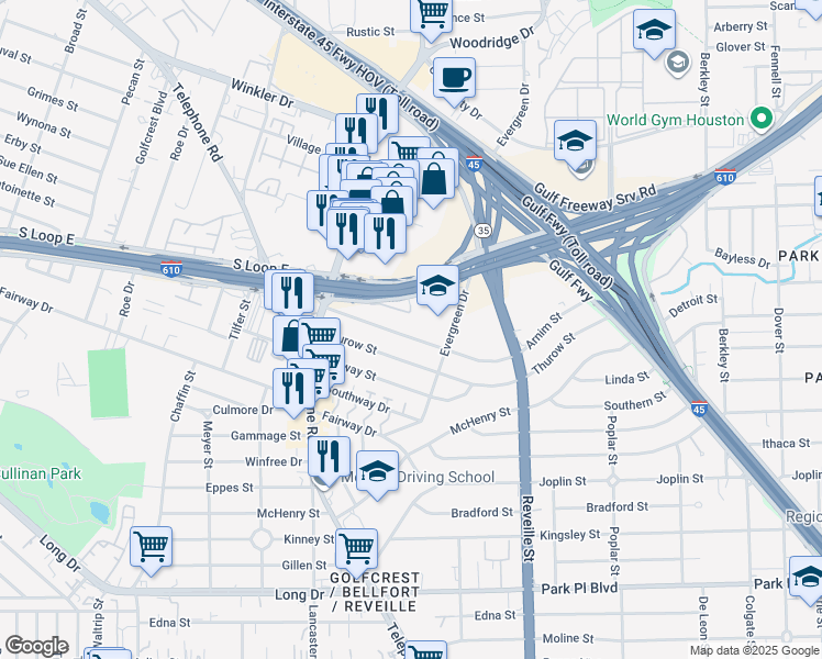 map of restaurants, bars, coffee shops, grocery stores, and more near 7411 Arnim Street in Houston
