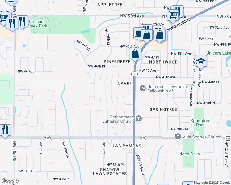 map of restaurants, bars, coffee shops, grocery stores, and more near 4330 Northwest 35th Street in Gainesville