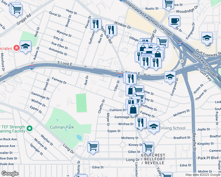 map of restaurants, bars, coffee shops, grocery stores, and more near 3135 Chaffin Street in Houston