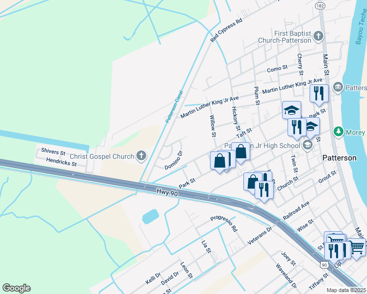 map of restaurants, bars, coffee shops, grocery stores, and more near 137 Domino Drive in Patterson