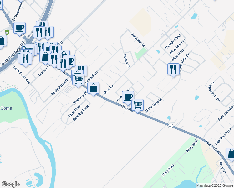 map of restaurants, bars, coffee shops, grocery stores, and more near 202 Anne Louise Drive in New Braunfels