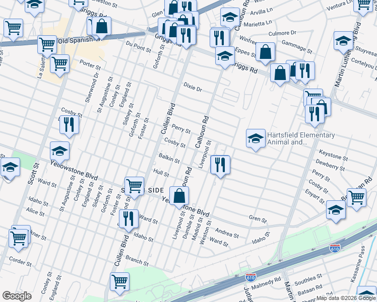 map of restaurants, bars, coffee shops, grocery stores, and more near 6409 Paris Street in Houston