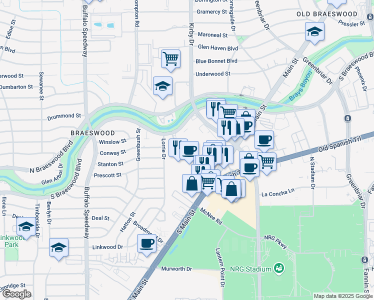 map of restaurants, bars, coffee shops, grocery stores, and more near 8205 Braesmain Drive in Houston