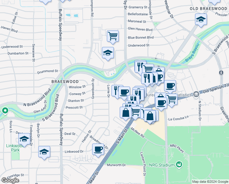map of restaurants, bars, coffee shops, grocery stores, and more near 8020 Braesmain Drive in Houston
