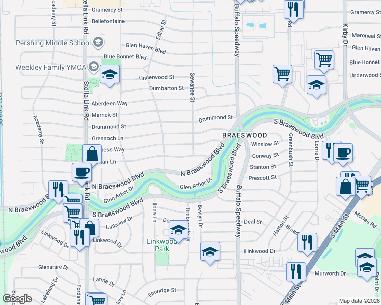 map of restaurants, bars, coffee shops, grocery stores, and more near 3606 Tartan Lane in Houston