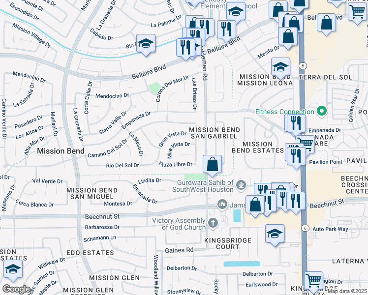 map of restaurants, bars, coffee shops, grocery stores, and more near 15107 Mira Vista Drive in Houston