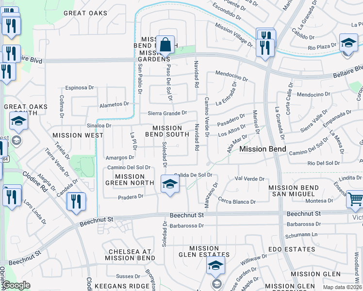 map of restaurants, bars, coffee shops, grocery stores, and more near 7523 Hablo Drive in Houston
