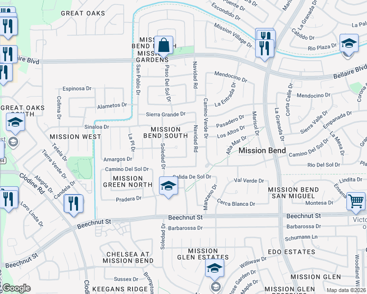 map of restaurants, bars, coffee shops, grocery stores, and more near 7522 Hablo Drive in Houston