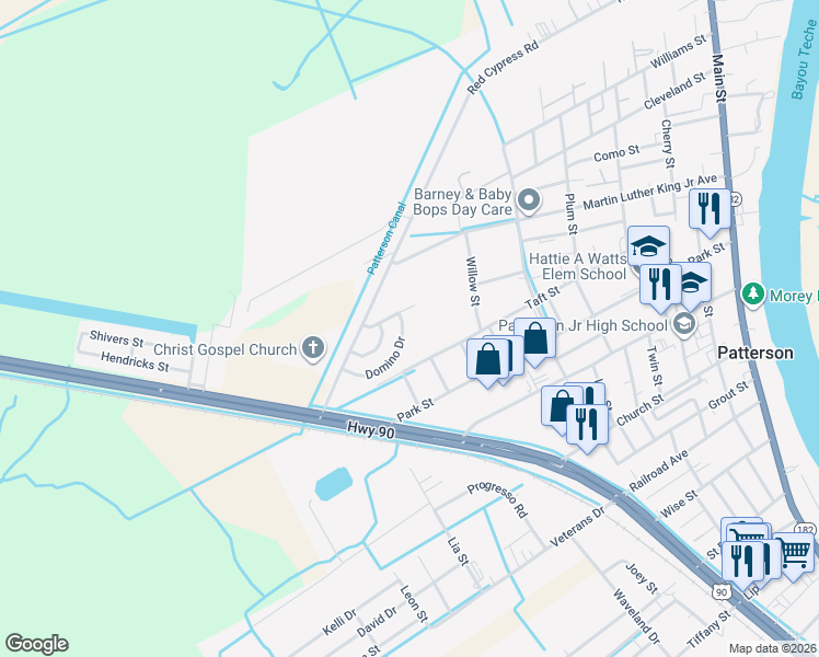 map of restaurants, bars, coffee shops, grocery stores, and more near 137 Domino Drive in Patterson