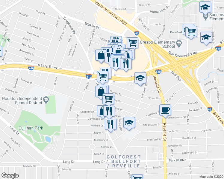 map of restaurants, bars, coffee shops, grocery stores, and more near 7311 Thurow Street in Houston
