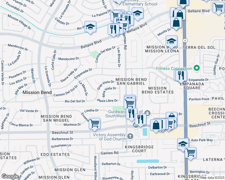 map of restaurants, bars, coffee shops, grocery stores, and more near 15107 Mira Vista Drive in Houston