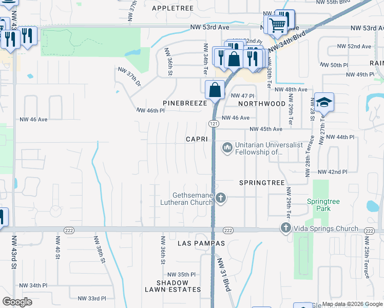 map of restaurants, bars, coffee shops, grocery stores, and more near 4332 Northwest 34th Drive in Gainesville