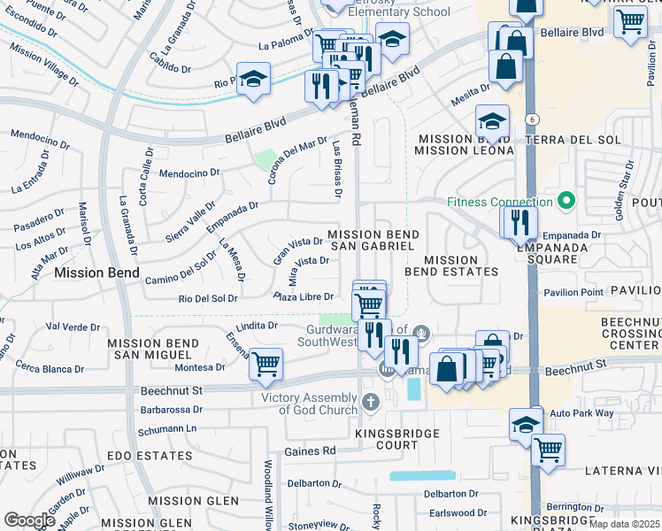 map of restaurants, bars, coffee shops, grocery stores, and more near 15107 Mira Vista Drive in Houston