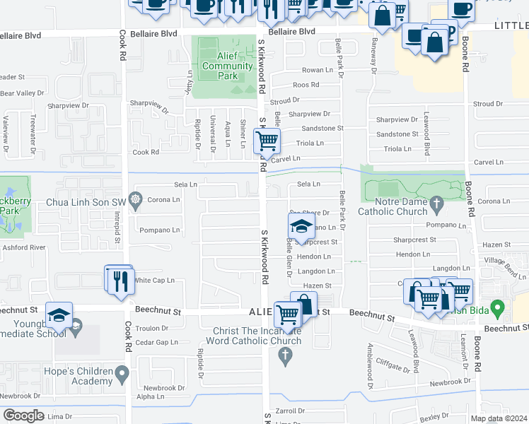 map of restaurants, bars, coffee shops, grocery stores, and more near 7607 South Kirkwood Road in Houston
