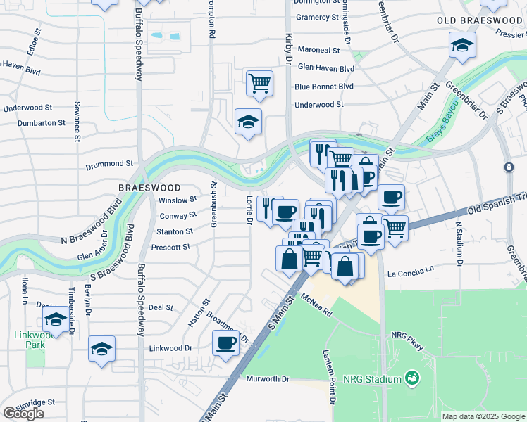 map of restaurants, bars, coffee shops, grocery stores, and more near 8020 Braesmain Drive in Houston