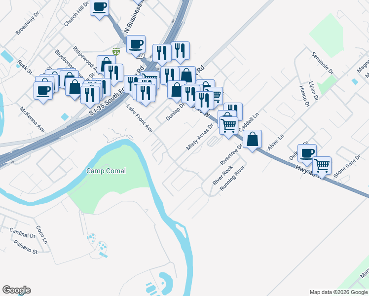 map of restaurants, bars, coffee shops, grocery stores, and more near 1037 Misty Acres Drive in New Braunfels