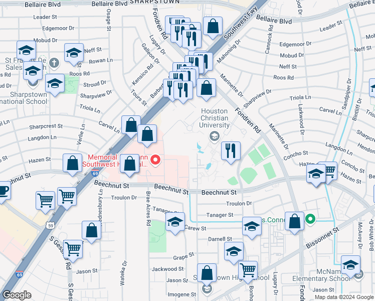 map of restaurants, bars, coffee shops, grocery stores, and more near 7480 Beechnut Street in Houston