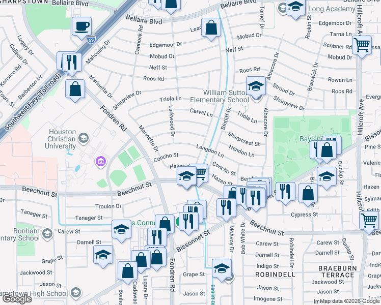 map of restaurants, bars, coffee shops, grocery stores, and more near 7002 Concho Street in Houston