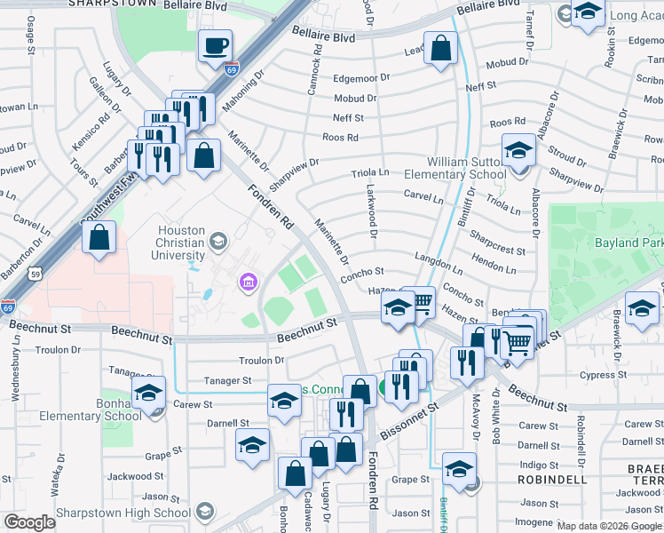 map of restaurants, bars, coffee shops, grocery stores, and more near 7831 Fondren Road in Houston