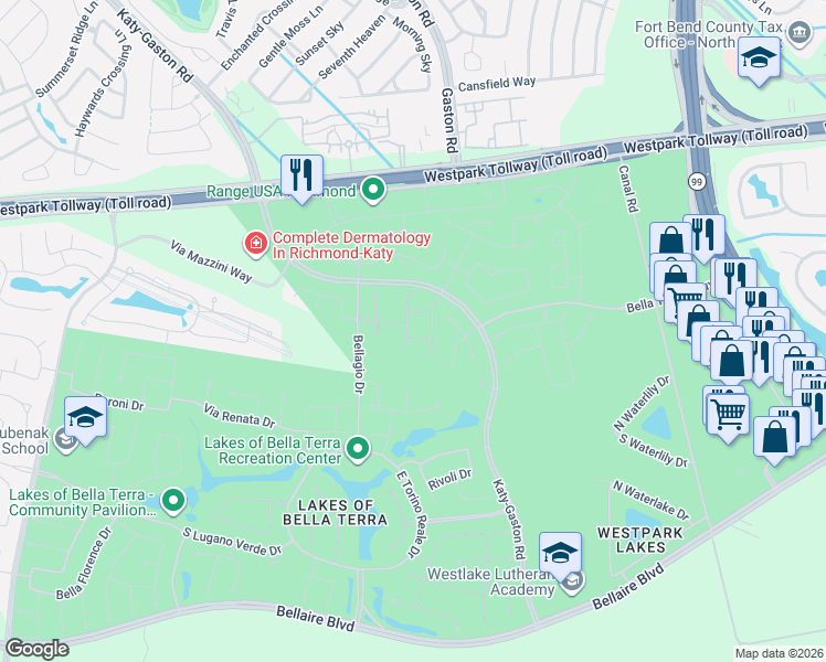map of restaurants, bars, coffee shops, grocery stores, and more near 23714 Tulipano Lane in Richmond