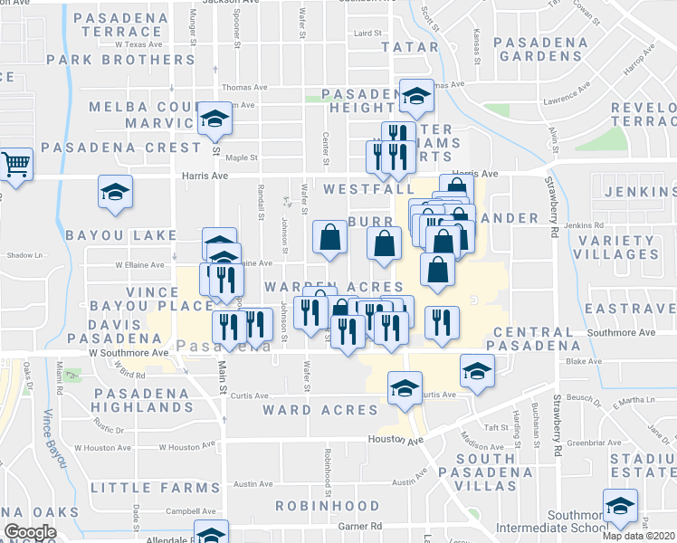 map of restaurants, bars, coffee shops, grocery stores, and more near 1106 Witter Street in Pasadena
