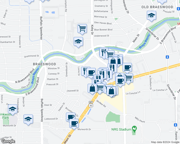 map of restaurants, bars, coffee shops, grocery stores, and more near 8205 Braesmain Drive in Houston