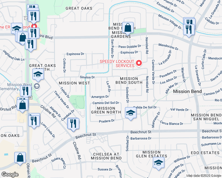 map of restaurants, bars, coffee shops, grocery stores, and more near 7439 La Place Drive in Houston