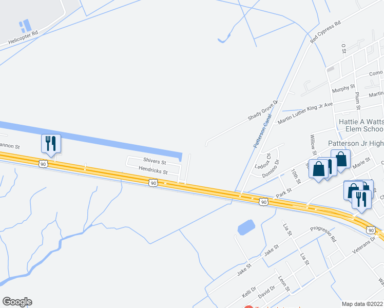 map of restaurants, bars, coffee shops, grocery stores, and more near 260 Grandwood Drive in Patterson