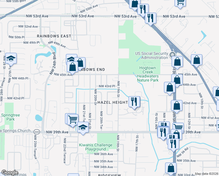 map of restaurants, bars, coffee shops, grocery stores, and more near 1929 Northwest 43 Place in Gainesville